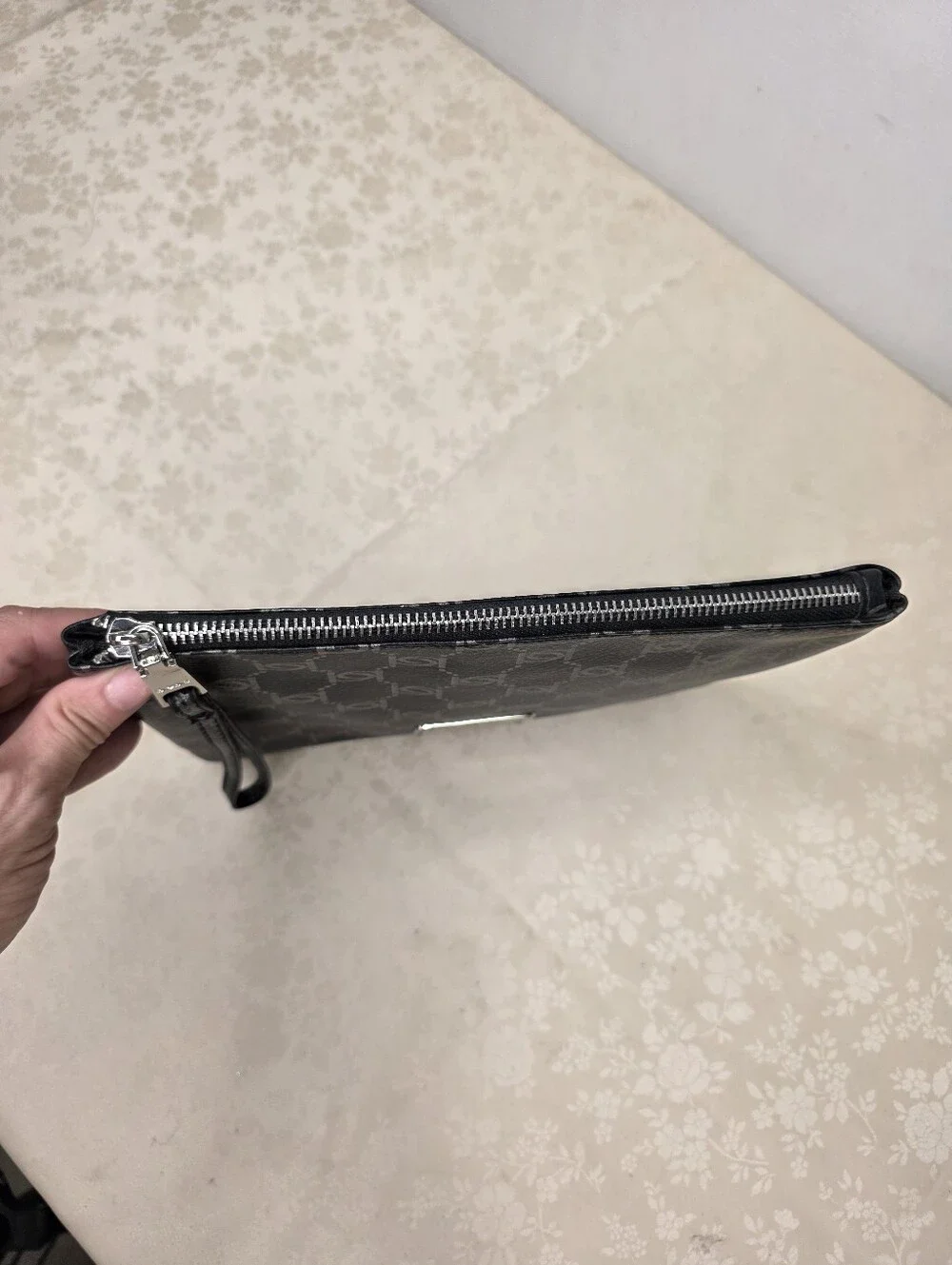 Bebe Black Silver All Over Monogram Logo Zip Wristlet Handbag Evening Bag
